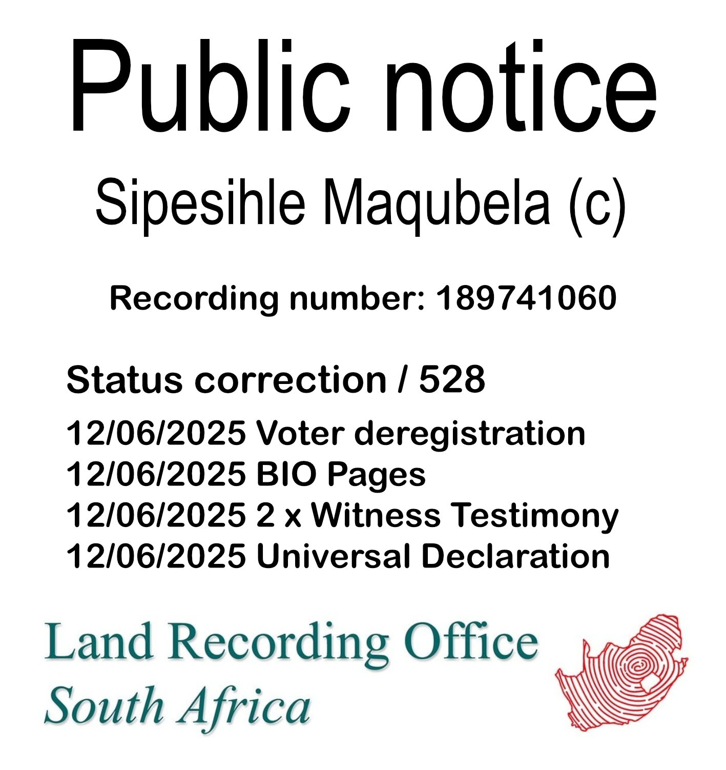 Public notice Sipesihle Maqubela (c) Recording number 189741060